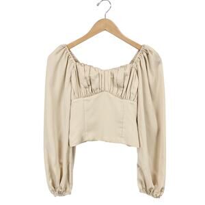 Abercrombie & Fitch Puff Sleeve Ruched Satin Crop Top Champagne XS NWT